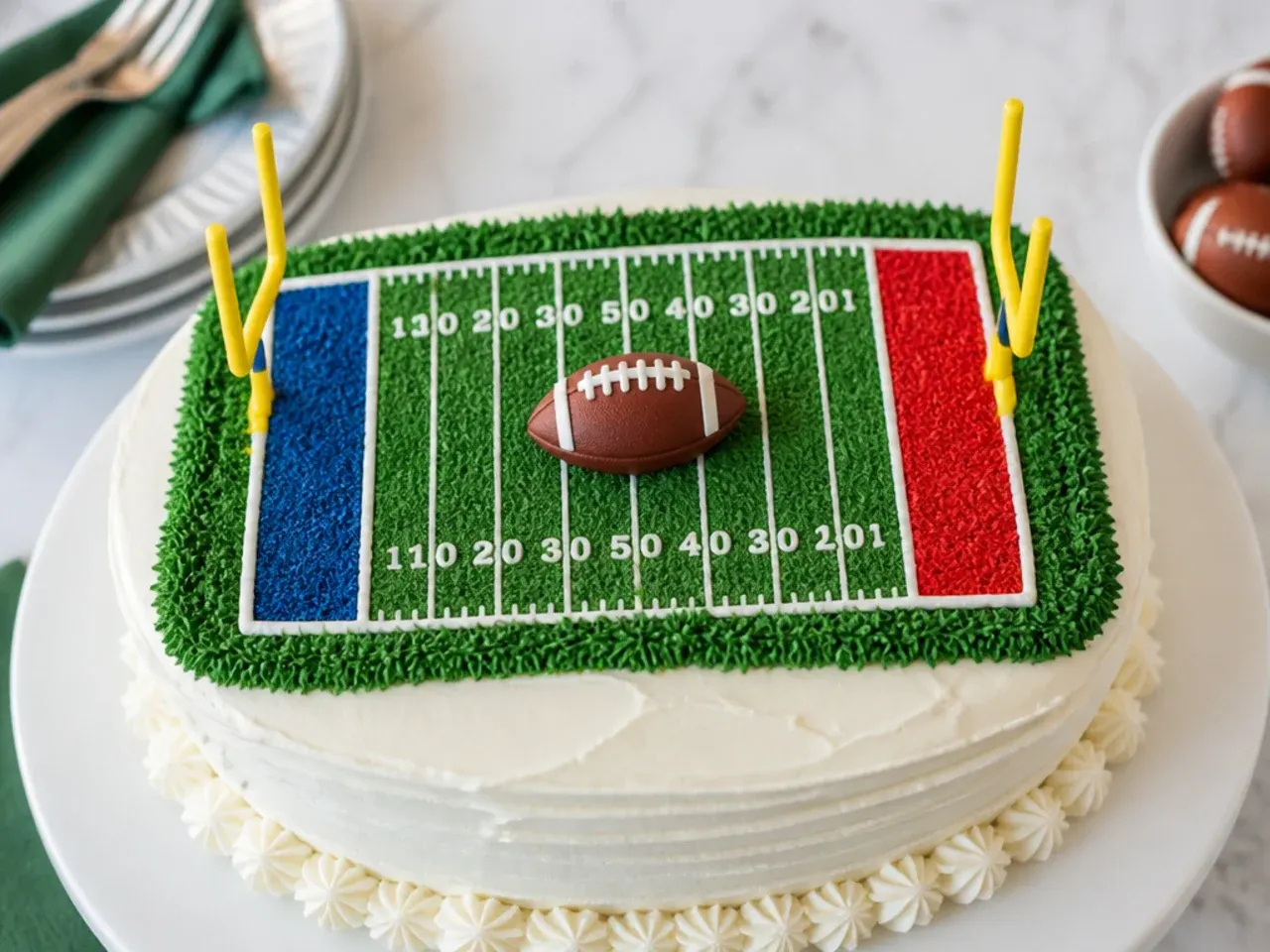 Colorful football field cake topper with team-colored end zones and green turf