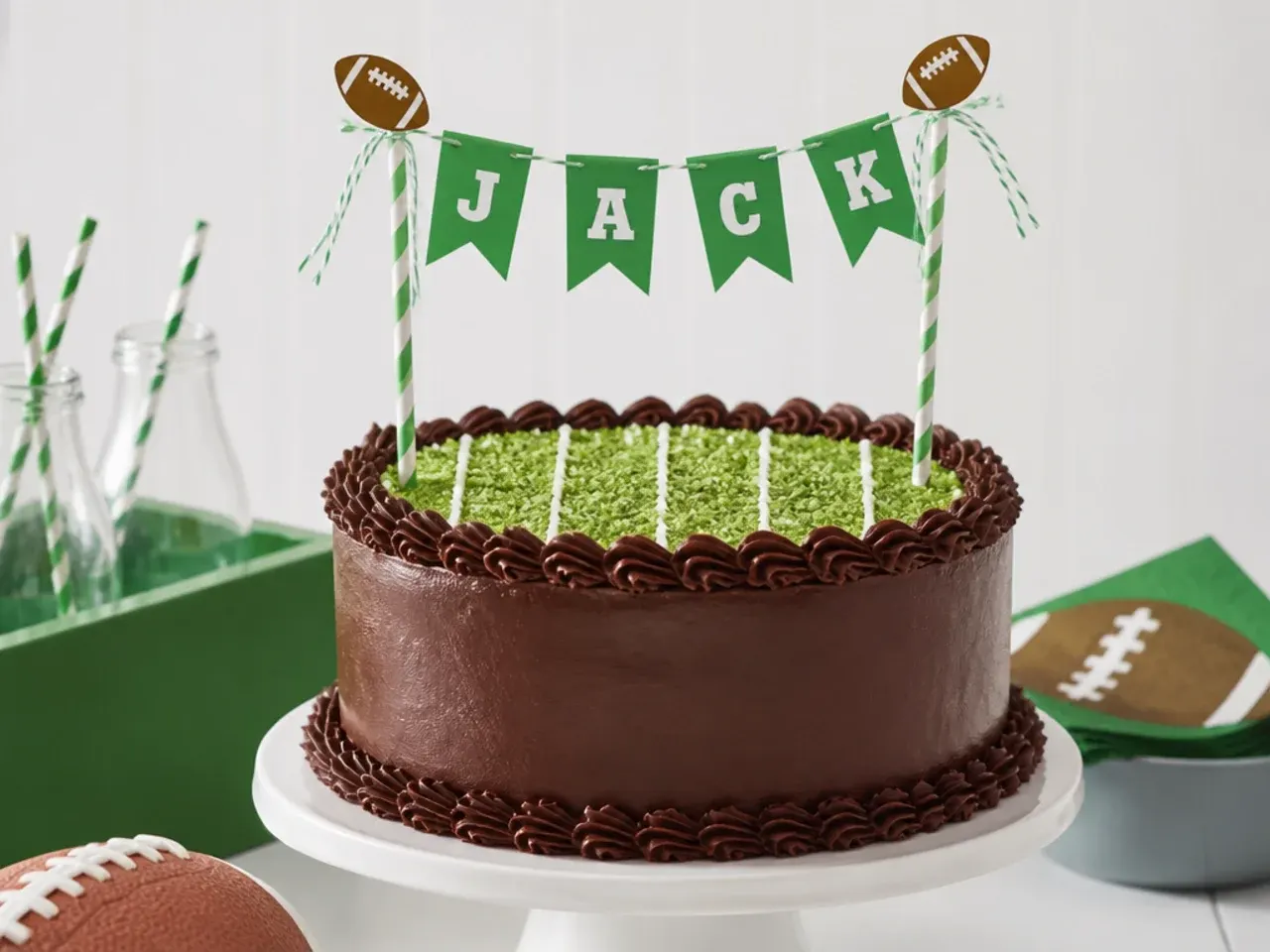 Festive edible pennant flag football cake toppers spelling a name