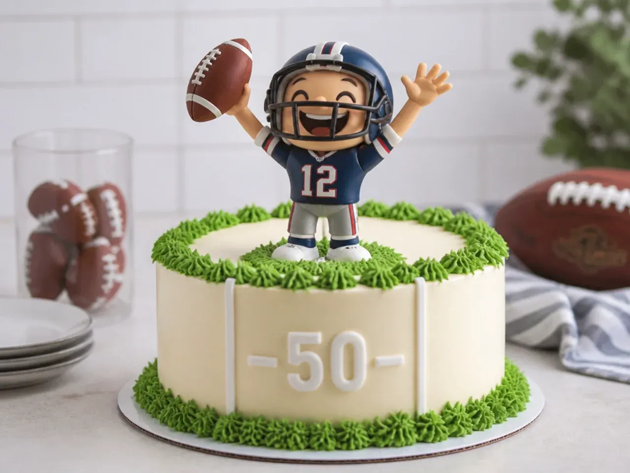 Whimsical cartoon football character cake topper with arms in a touchdown pose