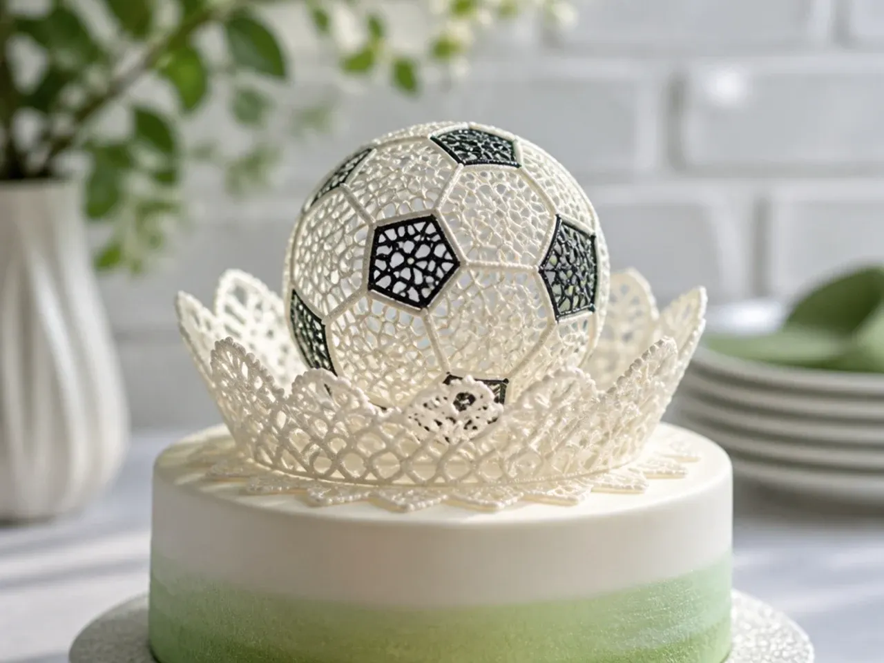 Delicate sugar lace football cake topper with pearl luster finish