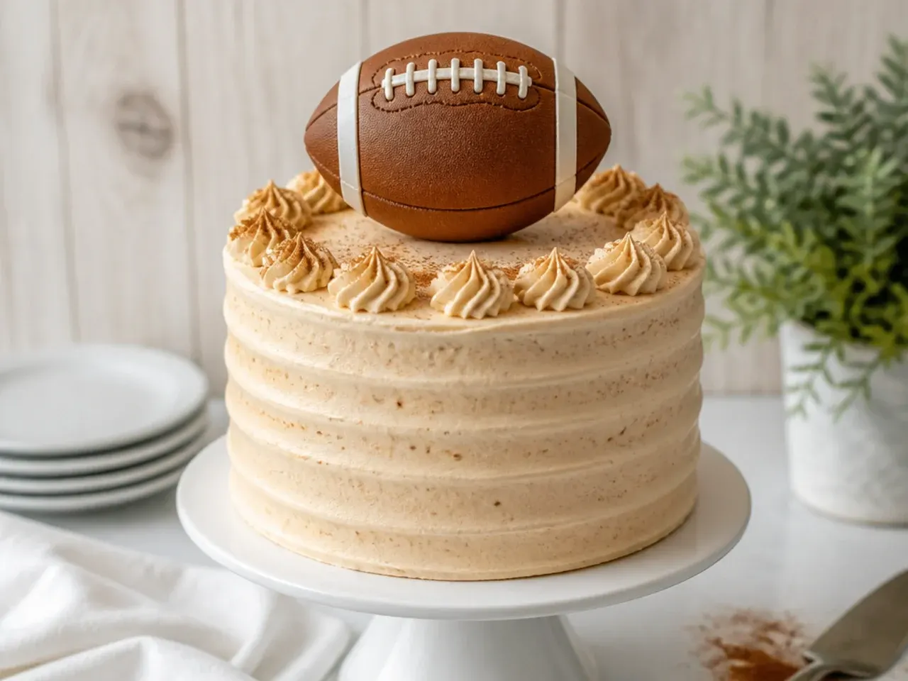 Vintage leather-look football cake topper with stitched seams on a spice cake