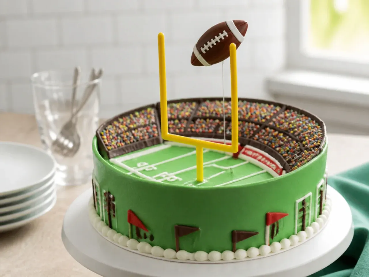 Creative stadium scene cake topper with fondant goalposts and a flying football