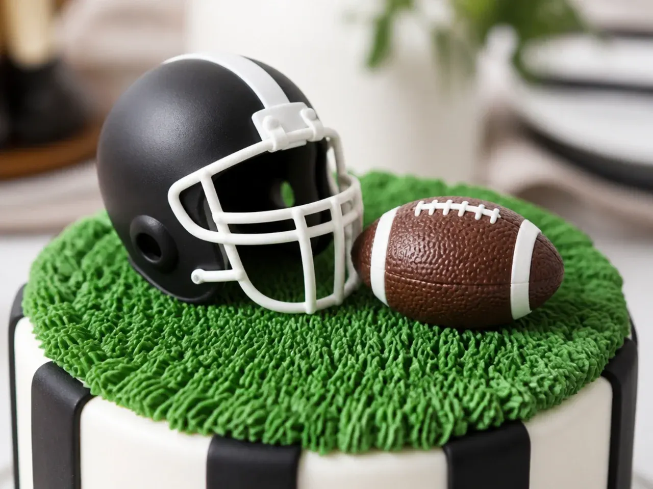 Charming mini football helmet and ball cake topper duo on green turf