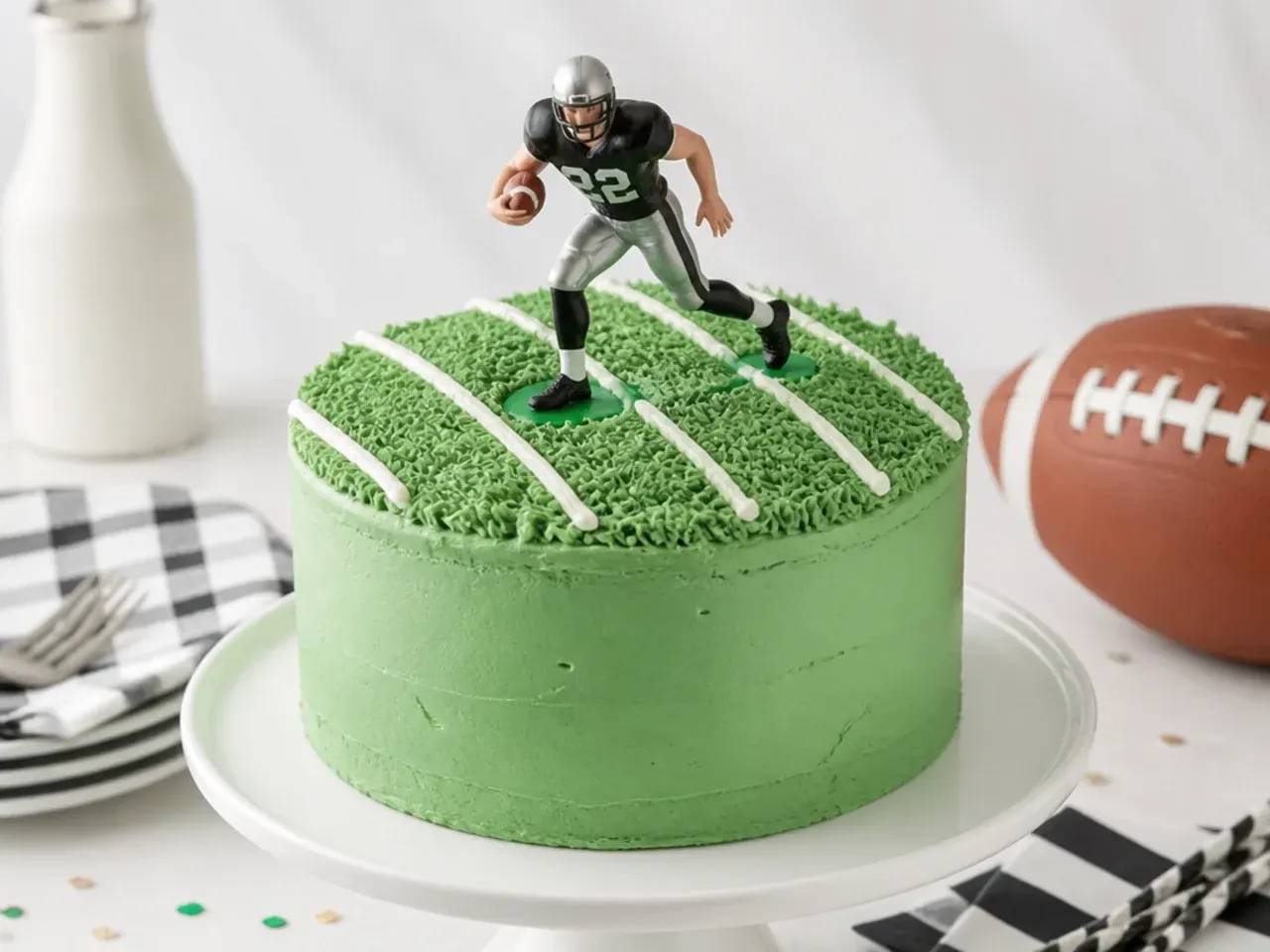 Easy football cake topper using a plastic figurine on a buttercream field
