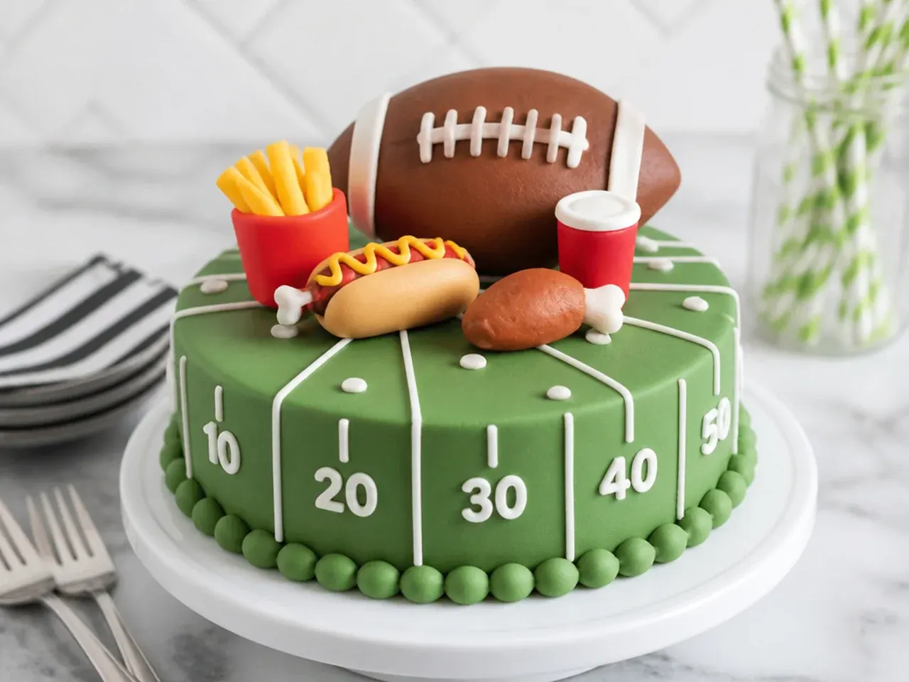 Playful tailgate cake topper with mini fondant snacks around a football