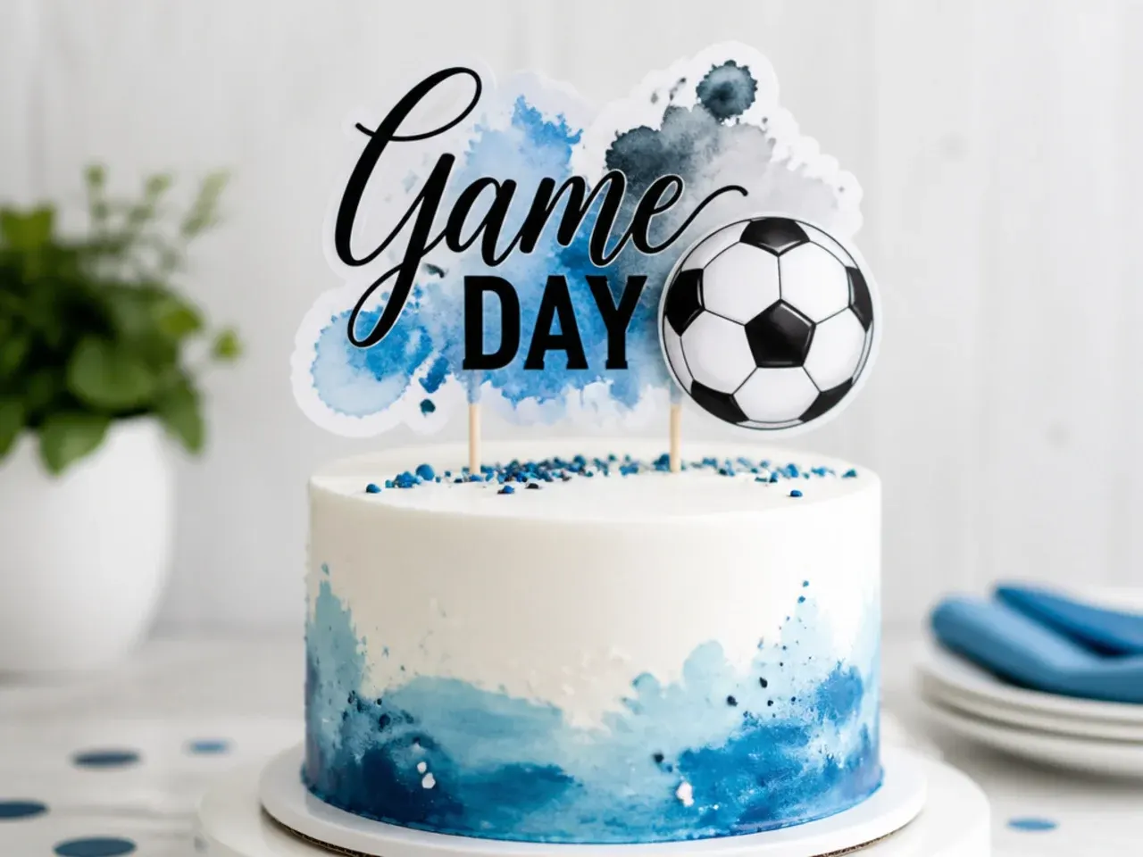 Modern watercolor football cake topper with team-color wash and fondant ball