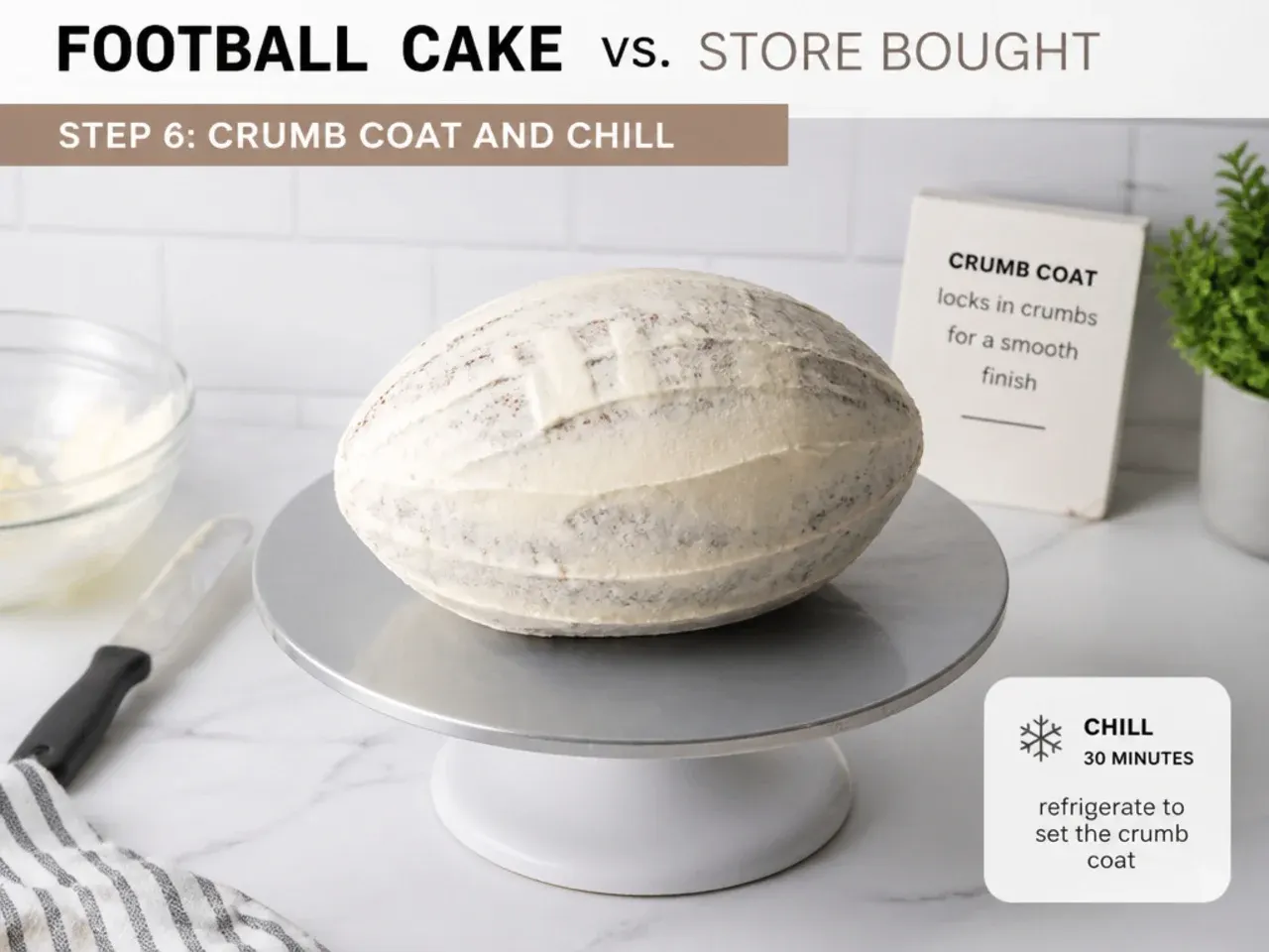 football cake vs store bought — step 6: crumb coat and chill
