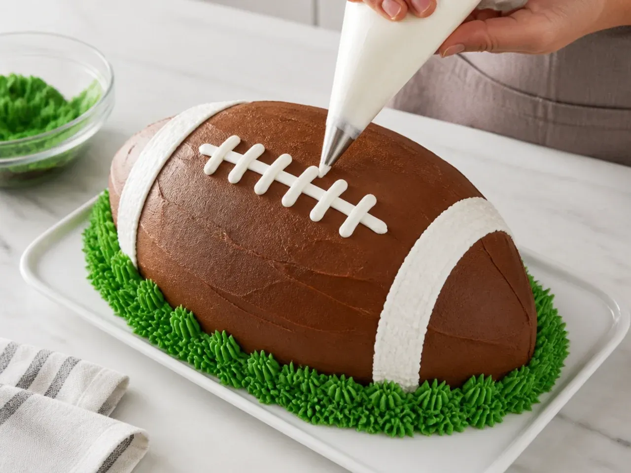 football cake vs store bought — step 7: pipe laces and grass