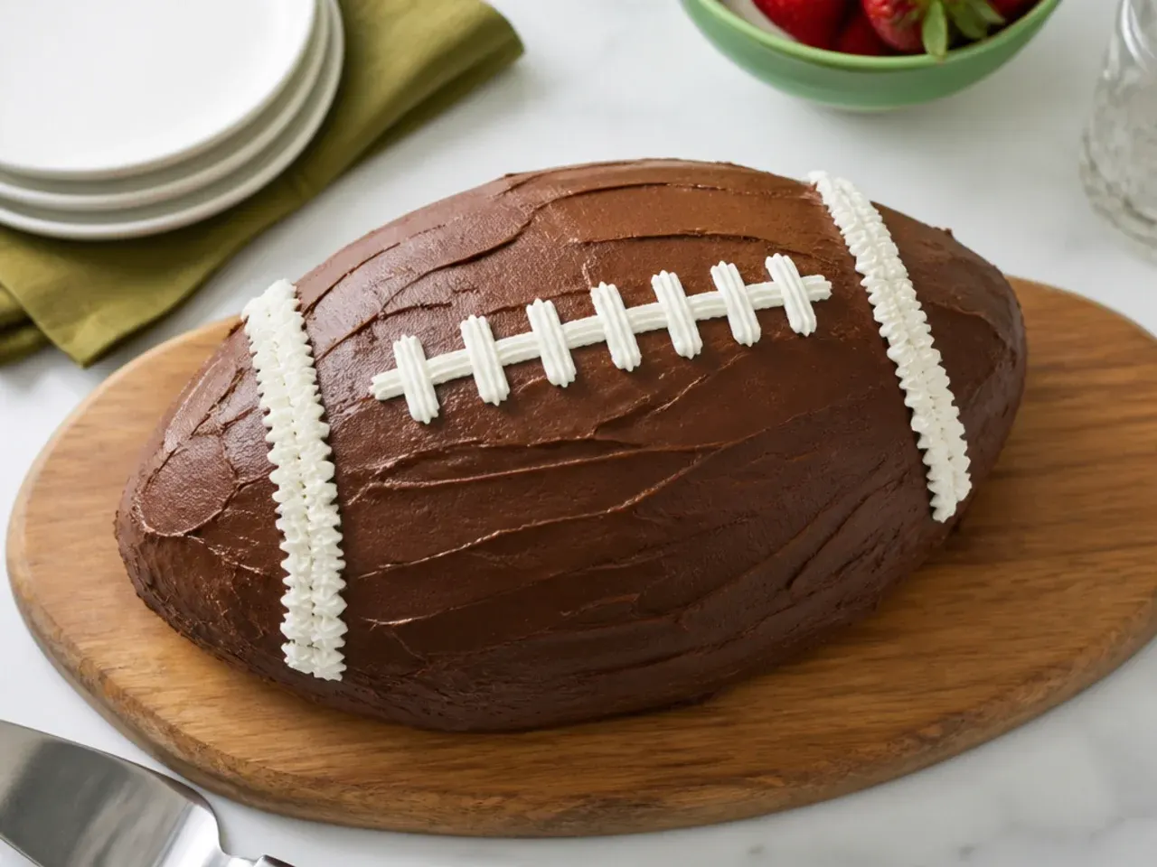 Homemade football cake with chocolate buttercream and piped white laces on a wooden board