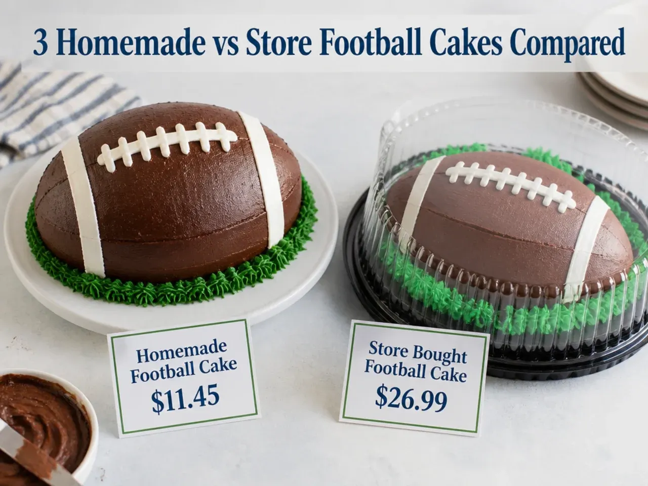 Cost comparison of a homemade football cake versus a store bought football cake with price labels