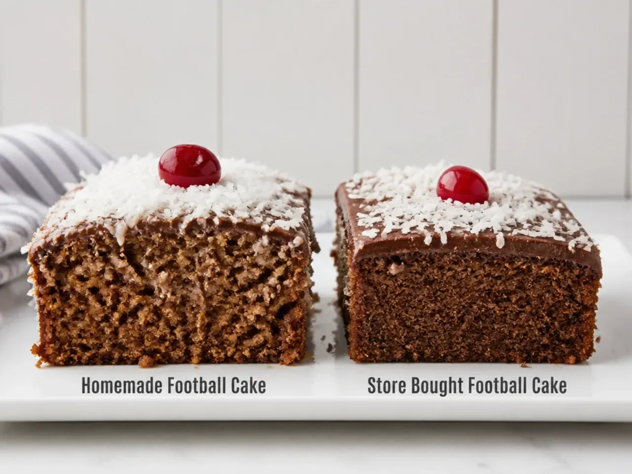 Cross section of a moist homemade football cake next to a firmer store bought football cake slice