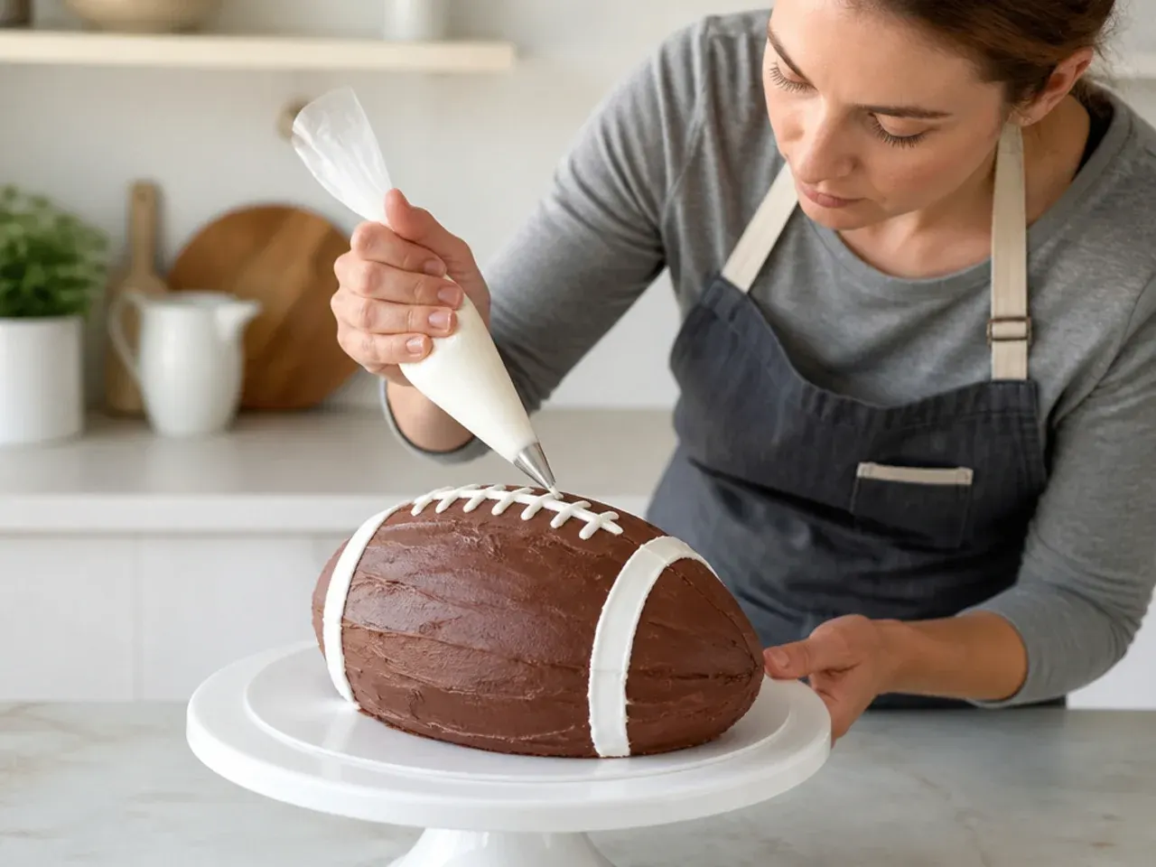 Baker decorating a homemade football cake with piping bag showing the time and effort involved