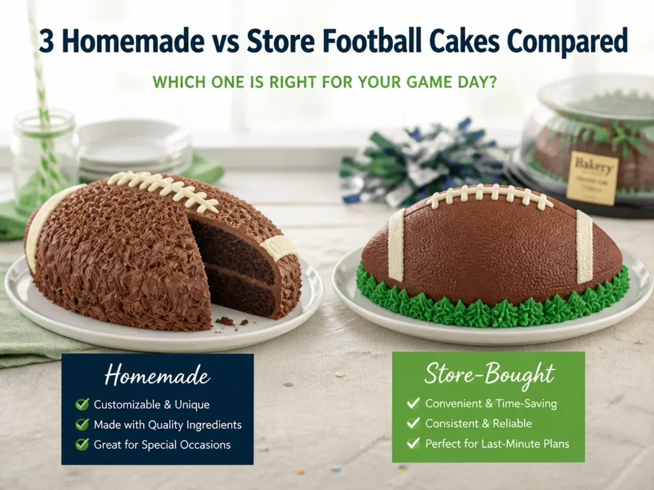 Homemade versus store bought football cake side by side showing the best choice for each situation