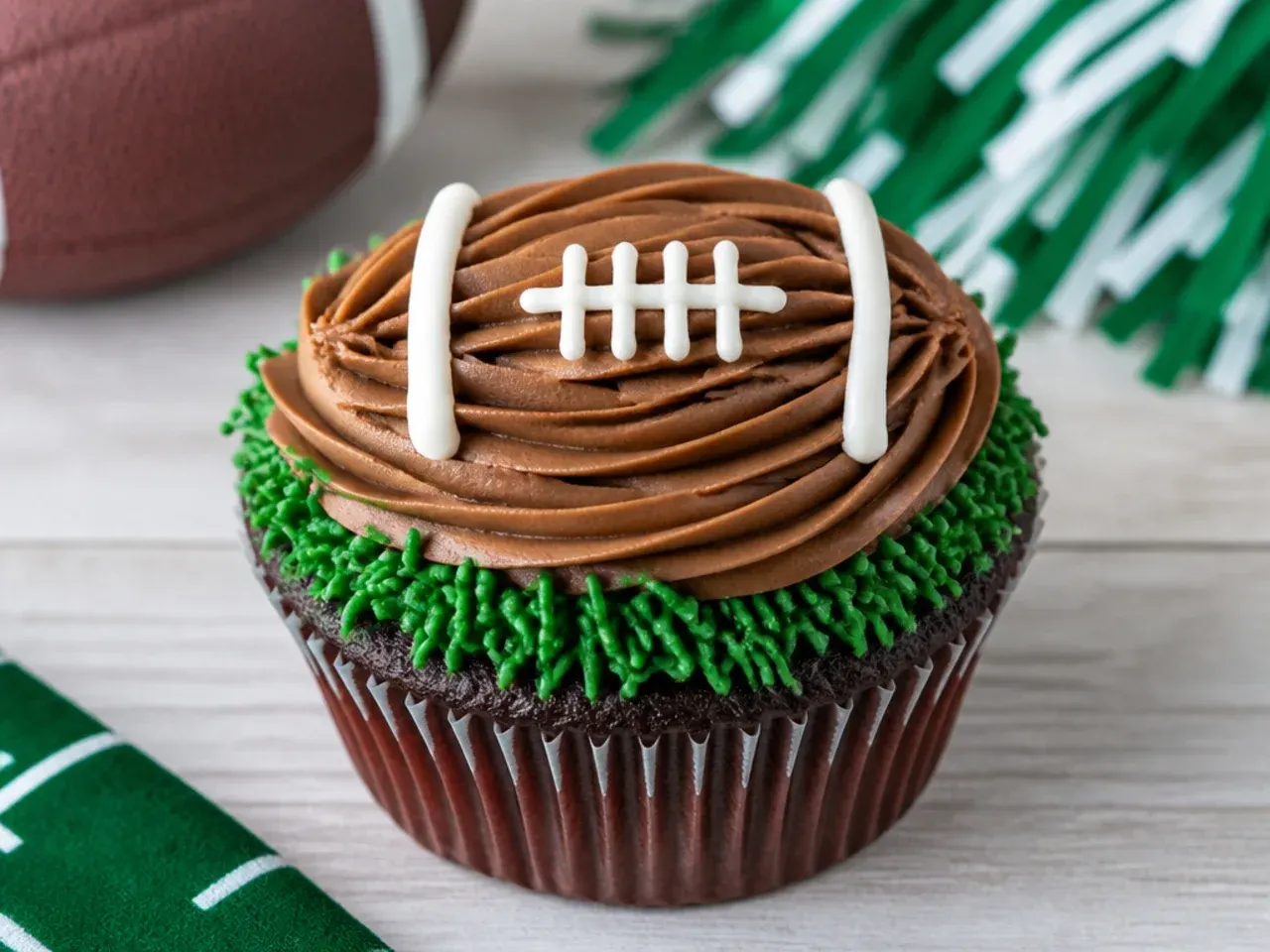 Classic football cupcake with brown buttercream football and white laces on green grass