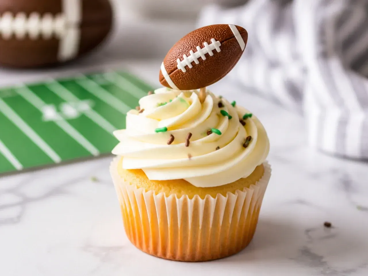 Easy football cupcakes topped with store-bought football picks on swirled vanilla buttercream