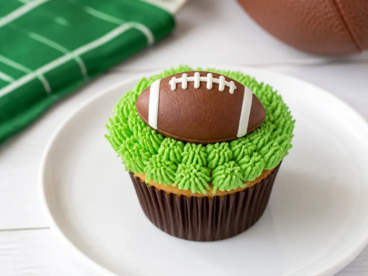 Playful football cupcakes topped with candy footballs and piped white laces
