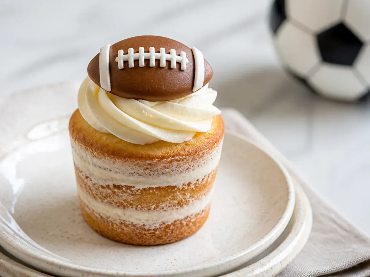 Rustic naked football cupcakes with thin frosting and a fondant football topper