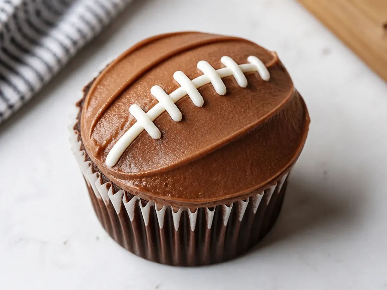 Minimal football cupcakes with smooth brown buttercream and a single set of white laces
