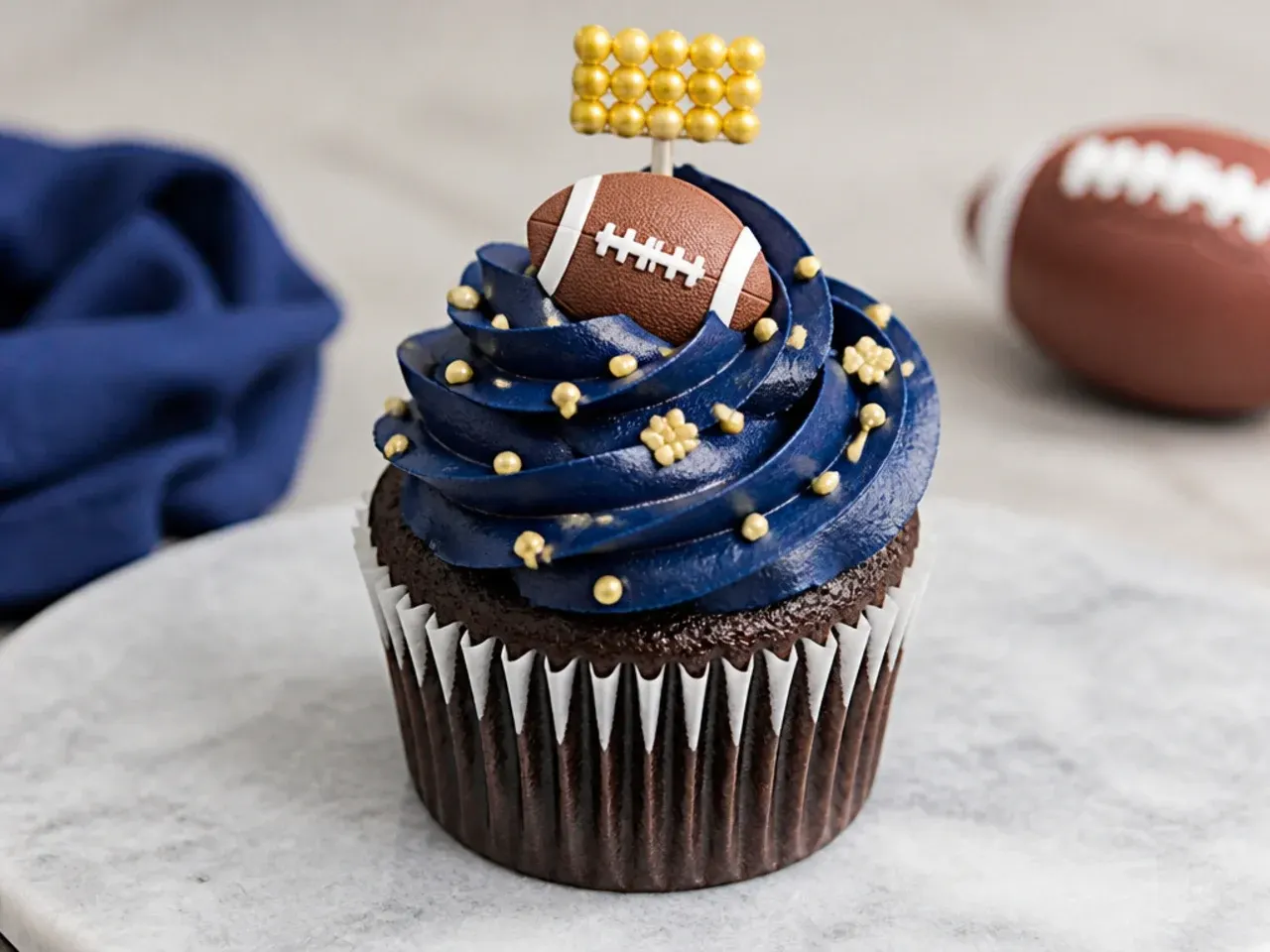 Festive football cupcakes with dark navy buttercream and gold stadium-light sprinkles