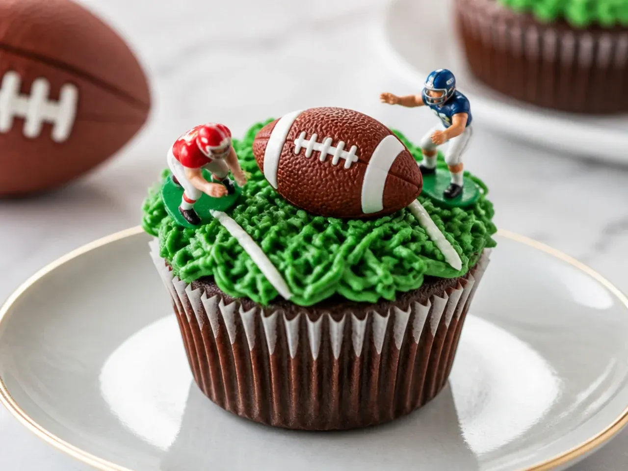 Whimsical football cupcakes styled as a grass field with tiny toy players and a candy football