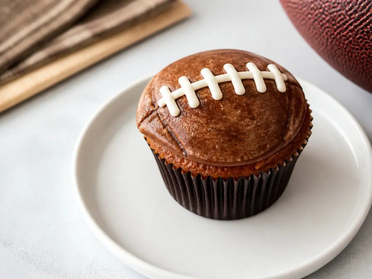 Vintage football cupcakes decorated to look like worn tan leather footballs with cream laces