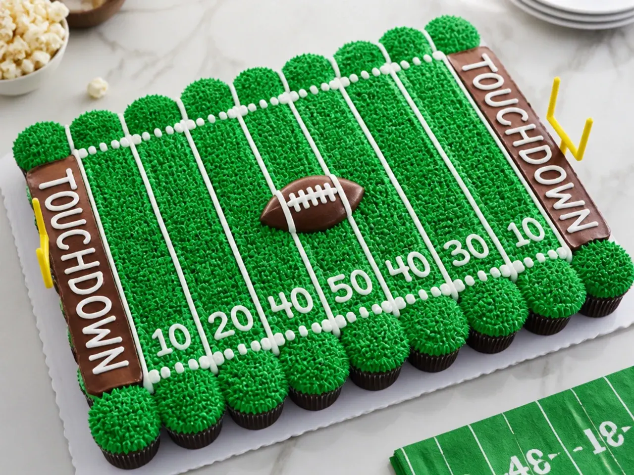Creative pull-apart football cupcakes arranged as one green field with piped yard lines