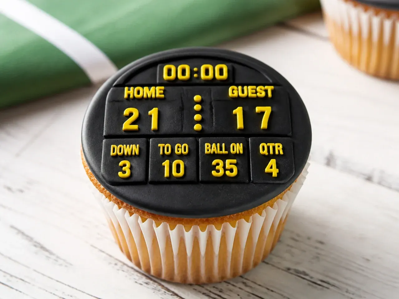 Charming football cupcakes decorated as black scoreboards with yellow score lettering
