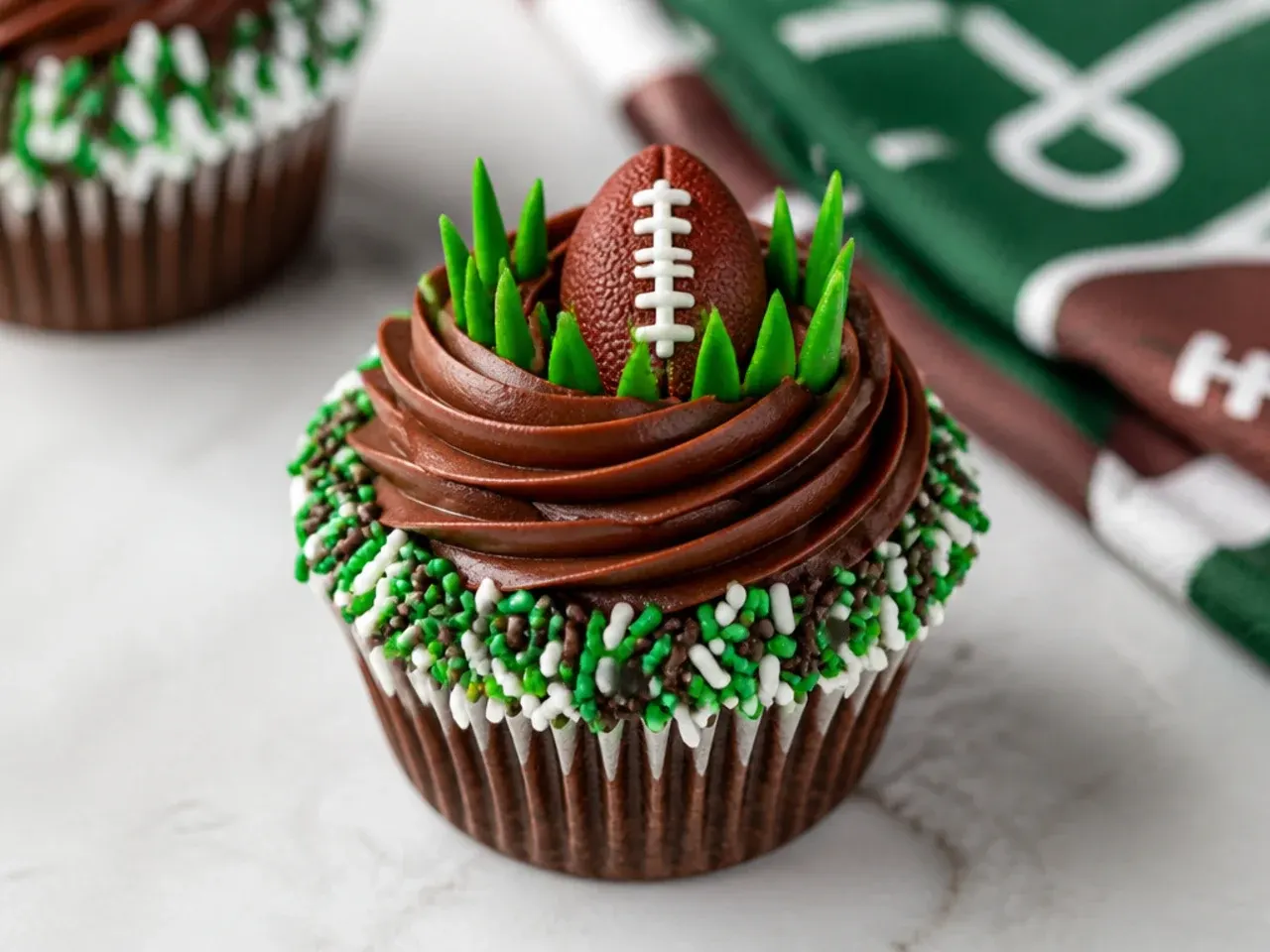 Classic football cupcakes with chocolate frosting dipped in team-color sprinkle fans and green grass