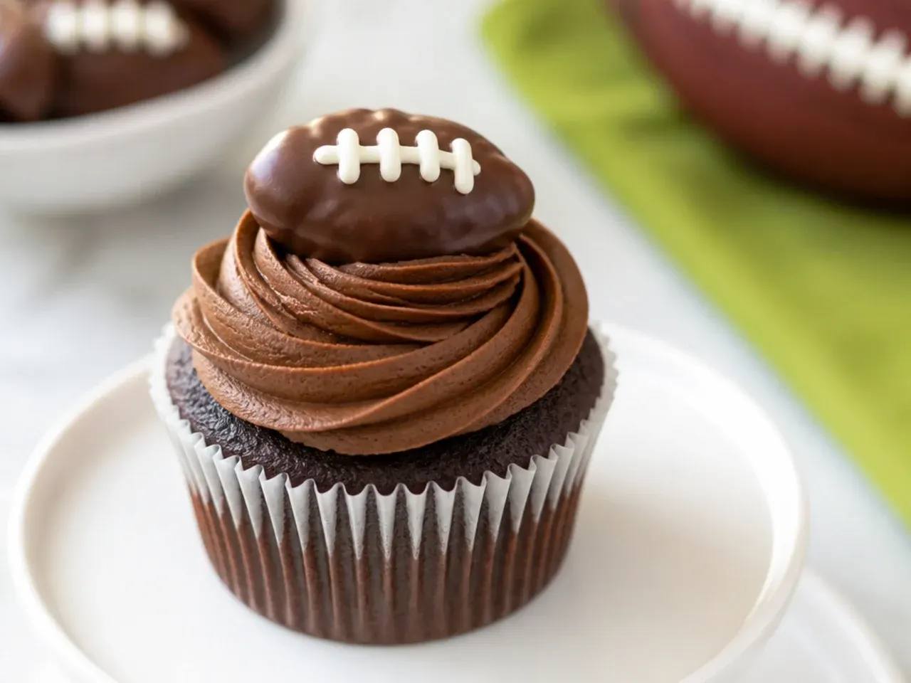 Easy football cupcakes topped with chocolate-dipped pretzel footballs and white laces