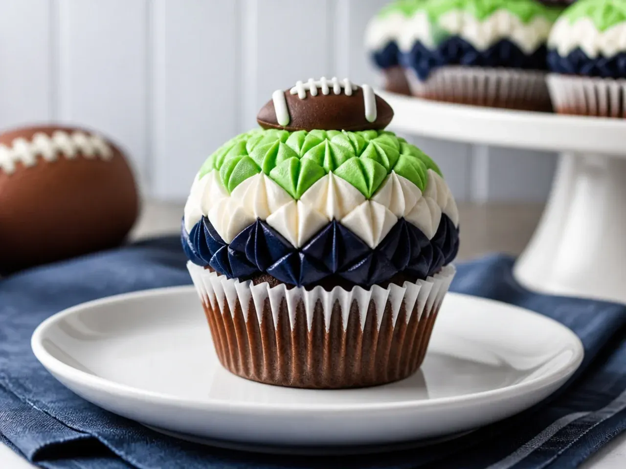 Modern geometric football cupcakes with sharp chevron buttercream bands in team colors