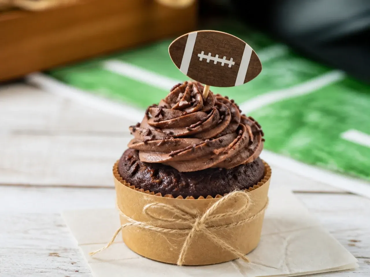 Rustic tailgate football cupcakes in kraft liners with twine bows and wooden football picks