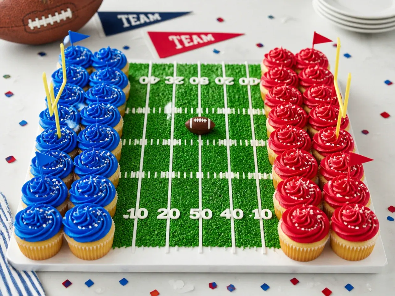 Colorful football cupcakes in two bright team-color end zones with pennants and confetti