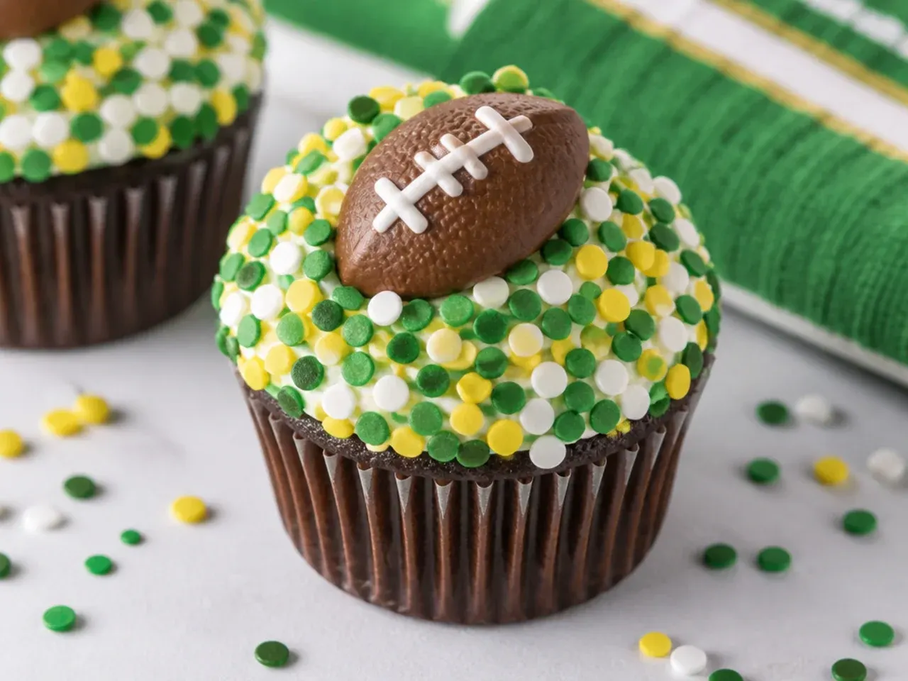 Festive football cupcakes covered in team-color confetti sprinkles with an edible football