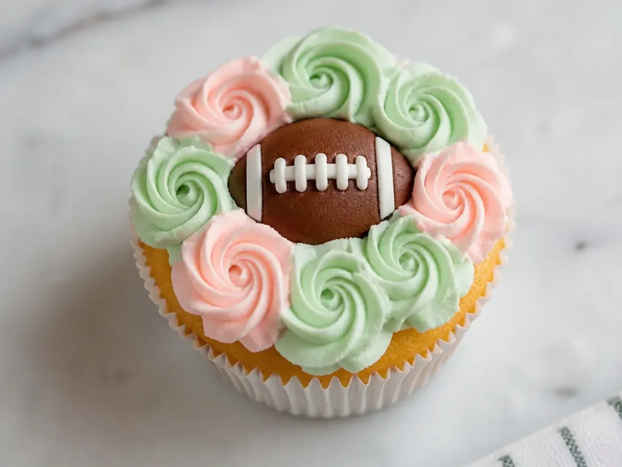 Delicate football cupcakes with a pastel buttercream rosette border framing a small football