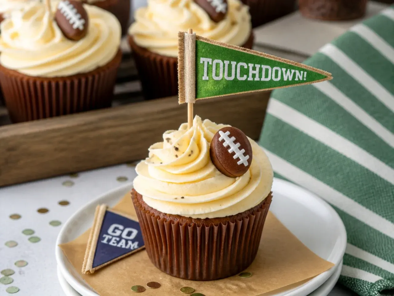 Vintage football cupcakes with retro pennant-banner flag toppers and muted buttercream