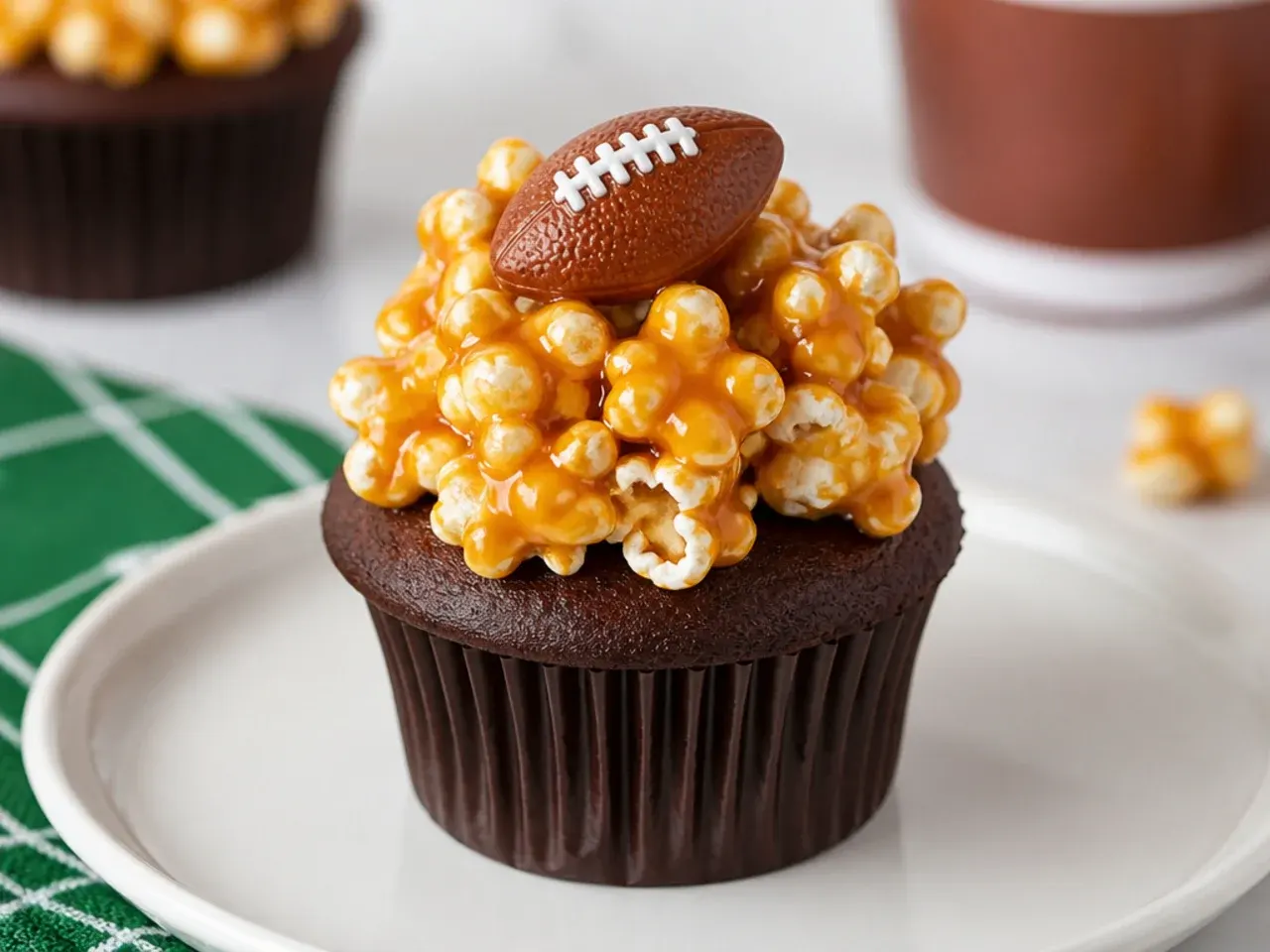 Creative football cupcakes topped with caramel popcorn and a small candy football