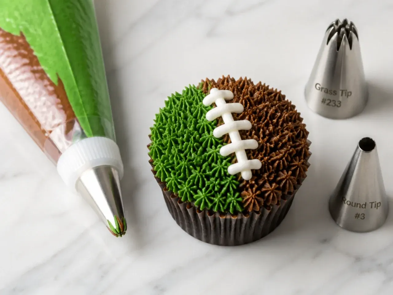Tips for easier football cupcakes with divided tinted buttercream and labeled piping tips