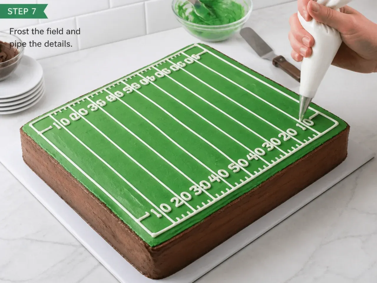 football field cake — step 7: frost the field and pipe the details