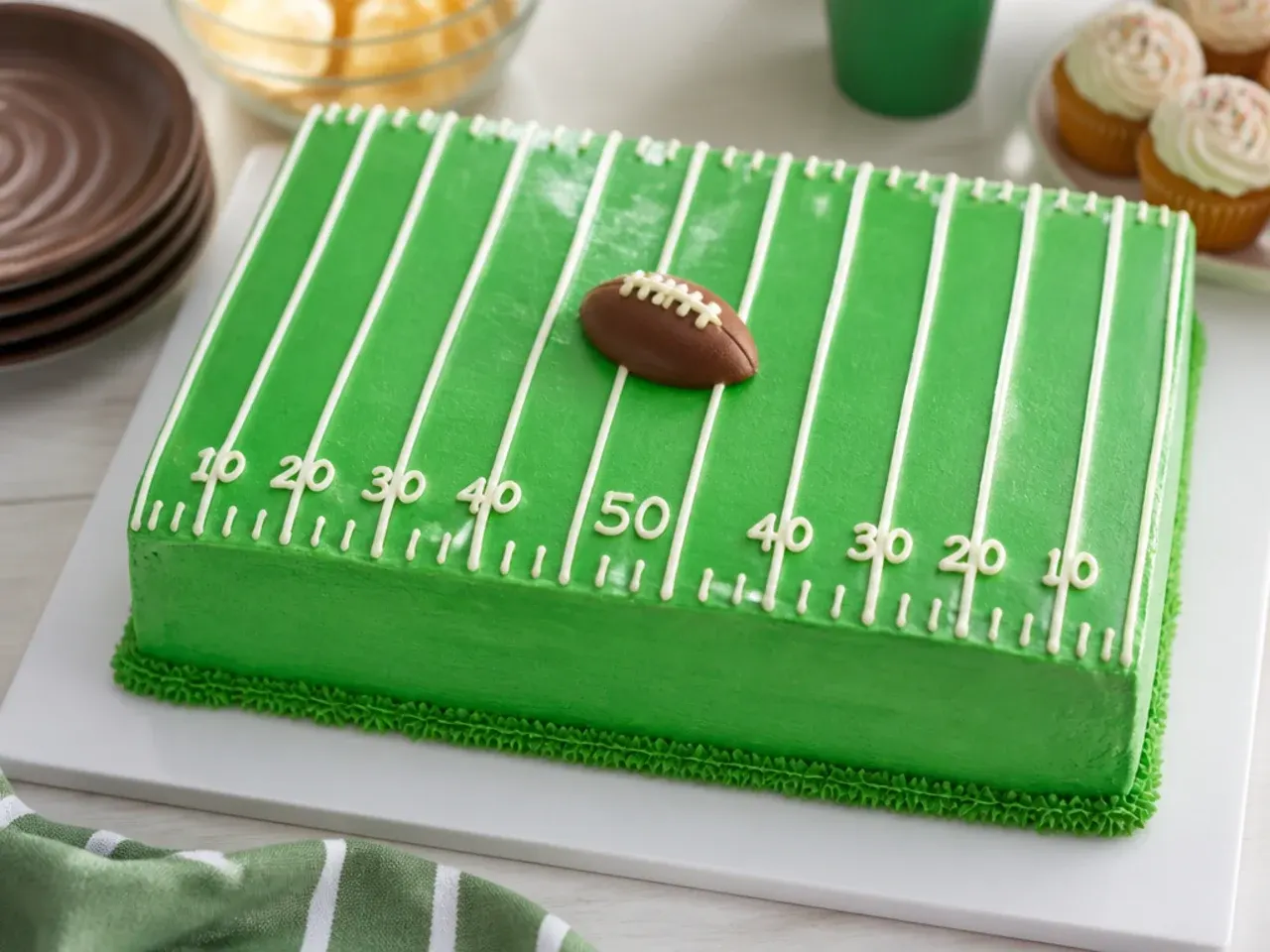 Classic green football field cake with white yard lines and 50-yard-line marking