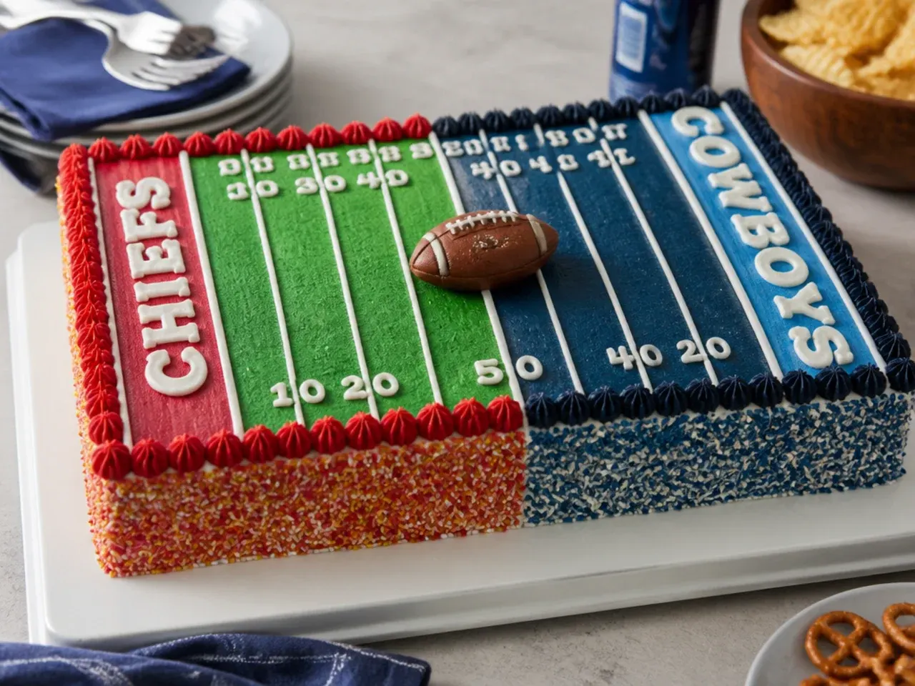 football field cake — colorful team-rivalry split field cake