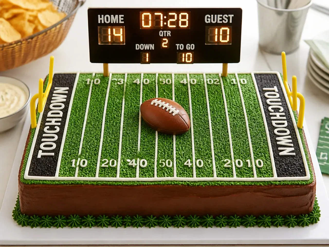 football field cake — festive super bowl scoreboard field cake