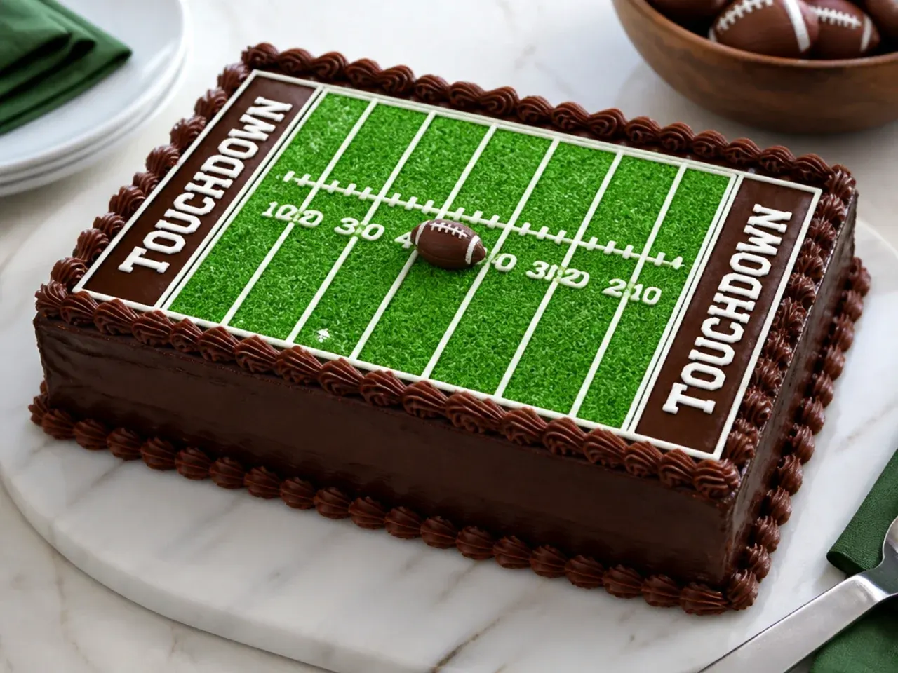 football field cake — bold chocolate-ganache end zone field cake
