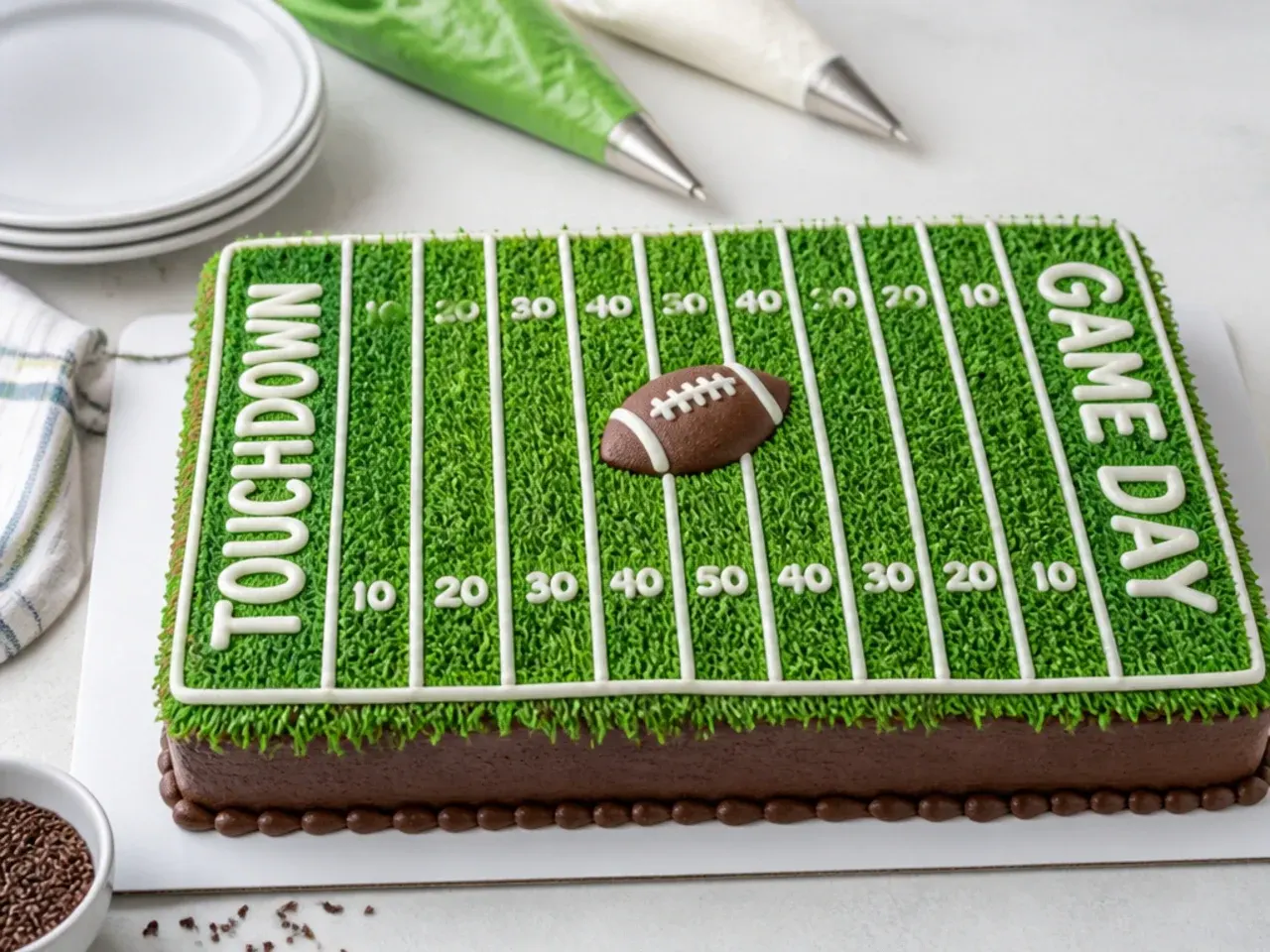 Football field cake decorating tips with green grass buttercream and piping bags