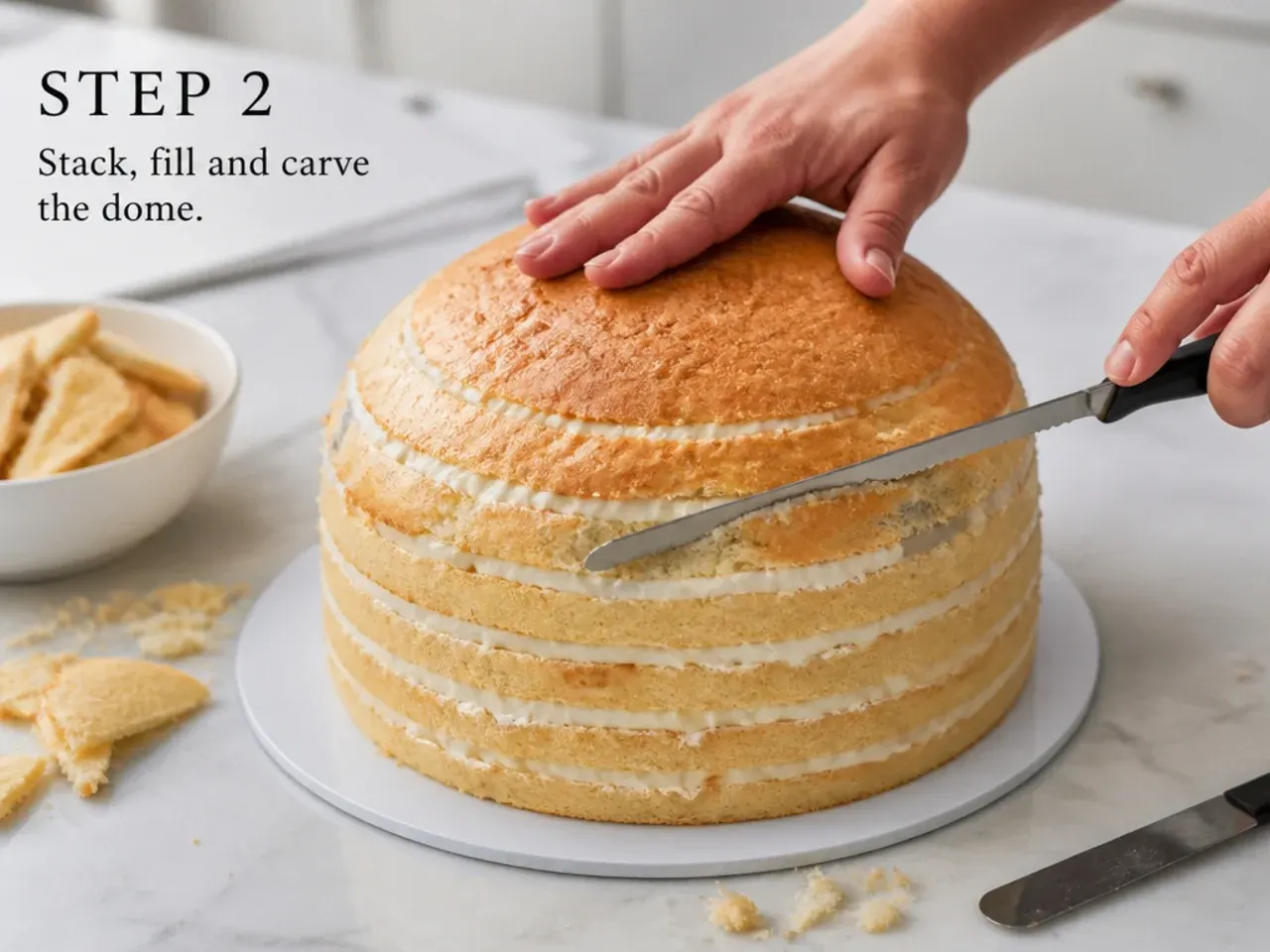football fondant cake — step 2: stack, fill and carve the dome