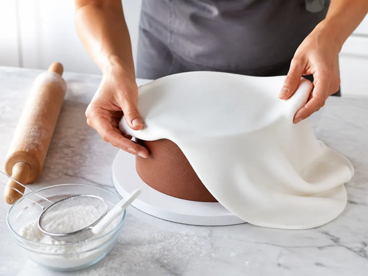 football fondant cake — step 5: roll and cover with white fondant