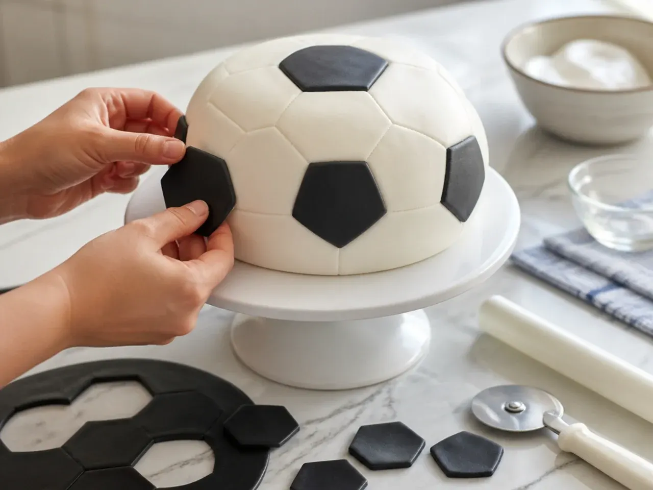 football fondant cake — step 6: cut and place the black panels