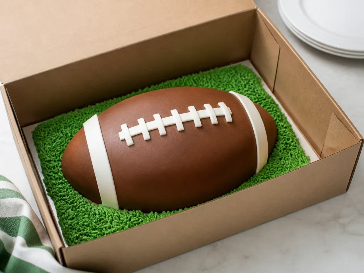 Finished football fondant cake stored in a cardboard cake box for make-ahead game day serving