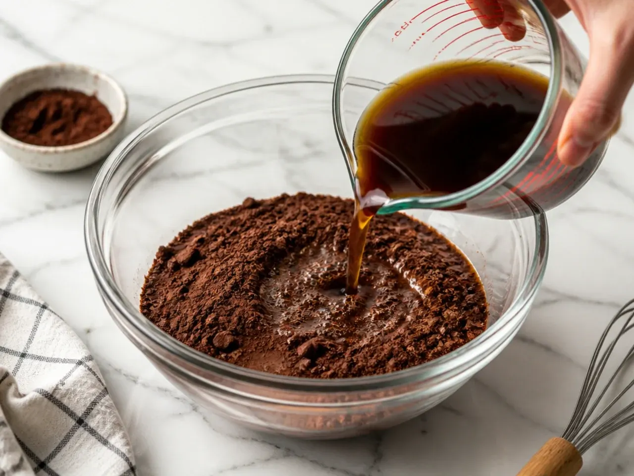football helmet cake — step 4: bloom the cocoa with hot coffee