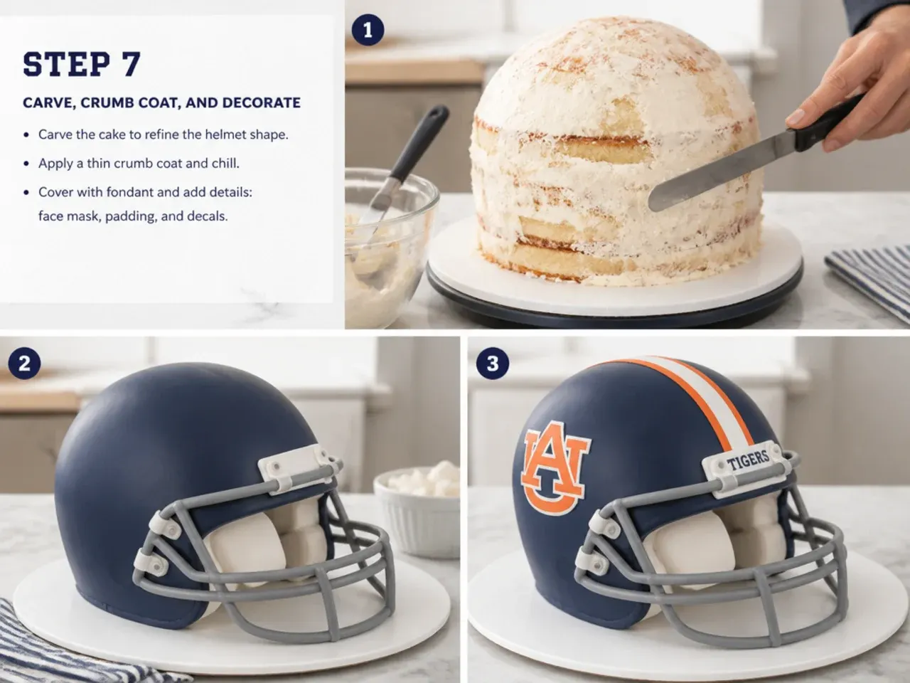 football helmet cake — step 7: carve, crumb coat, and decorate