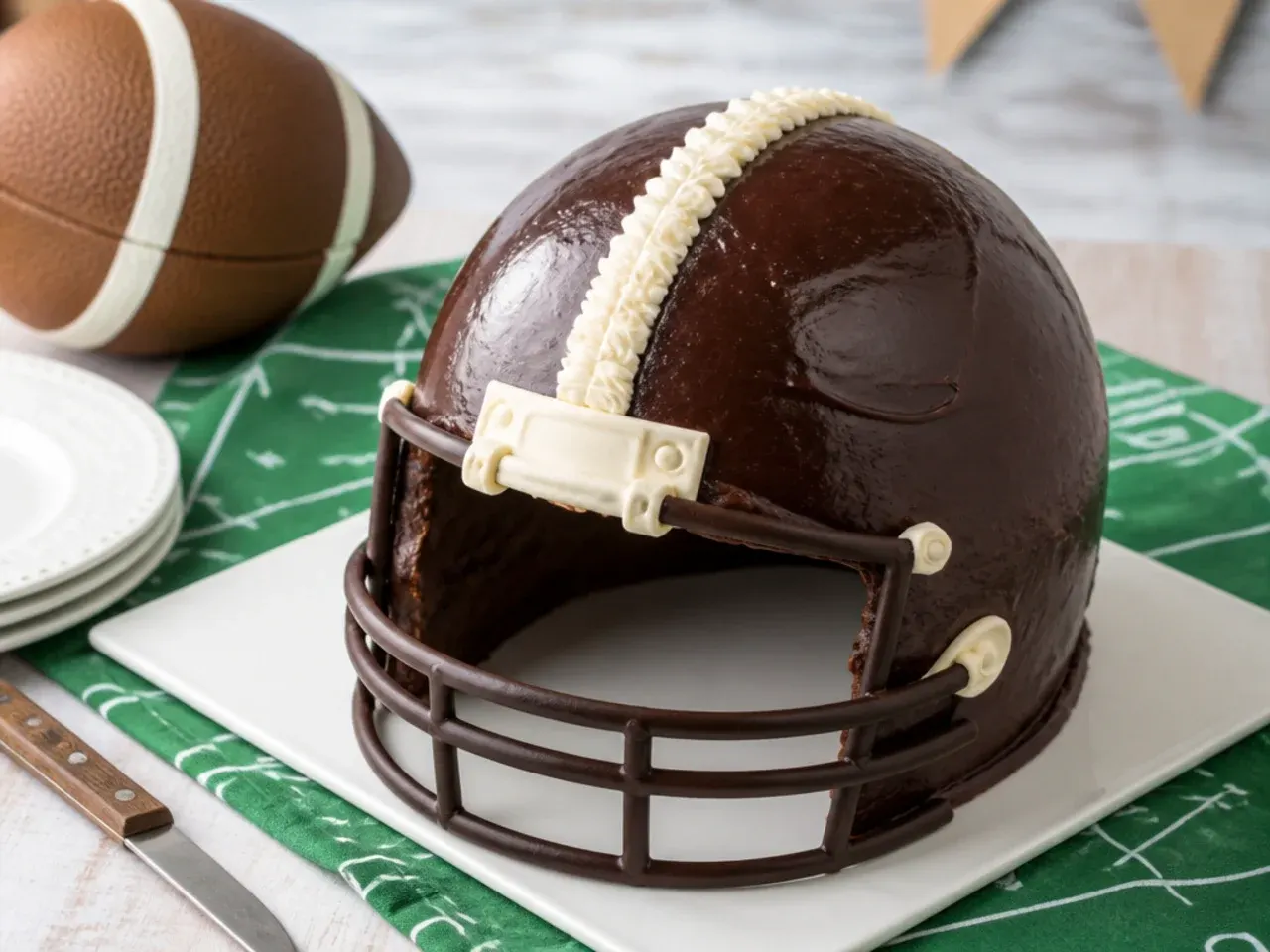 Classic domed football helmet cake with a glossy chocolate ganache shell and piped center stripe